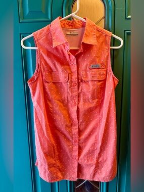 Columbia PFG Bonehead Stretch Sleeveless Shirt Pink Polka Dot Fishing Vented S